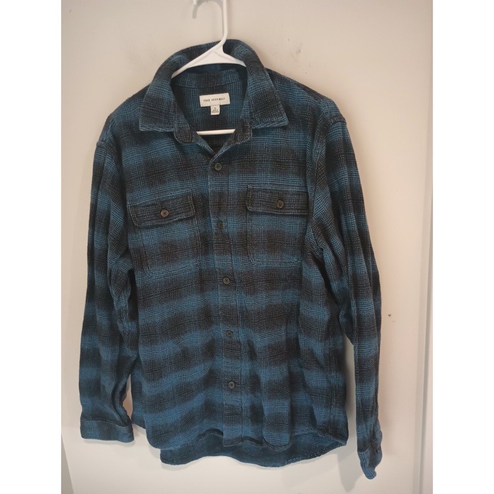Free Assembly Flannel Shirt Mens L Blue Black Ombre Plaid Heavyweight Workwear